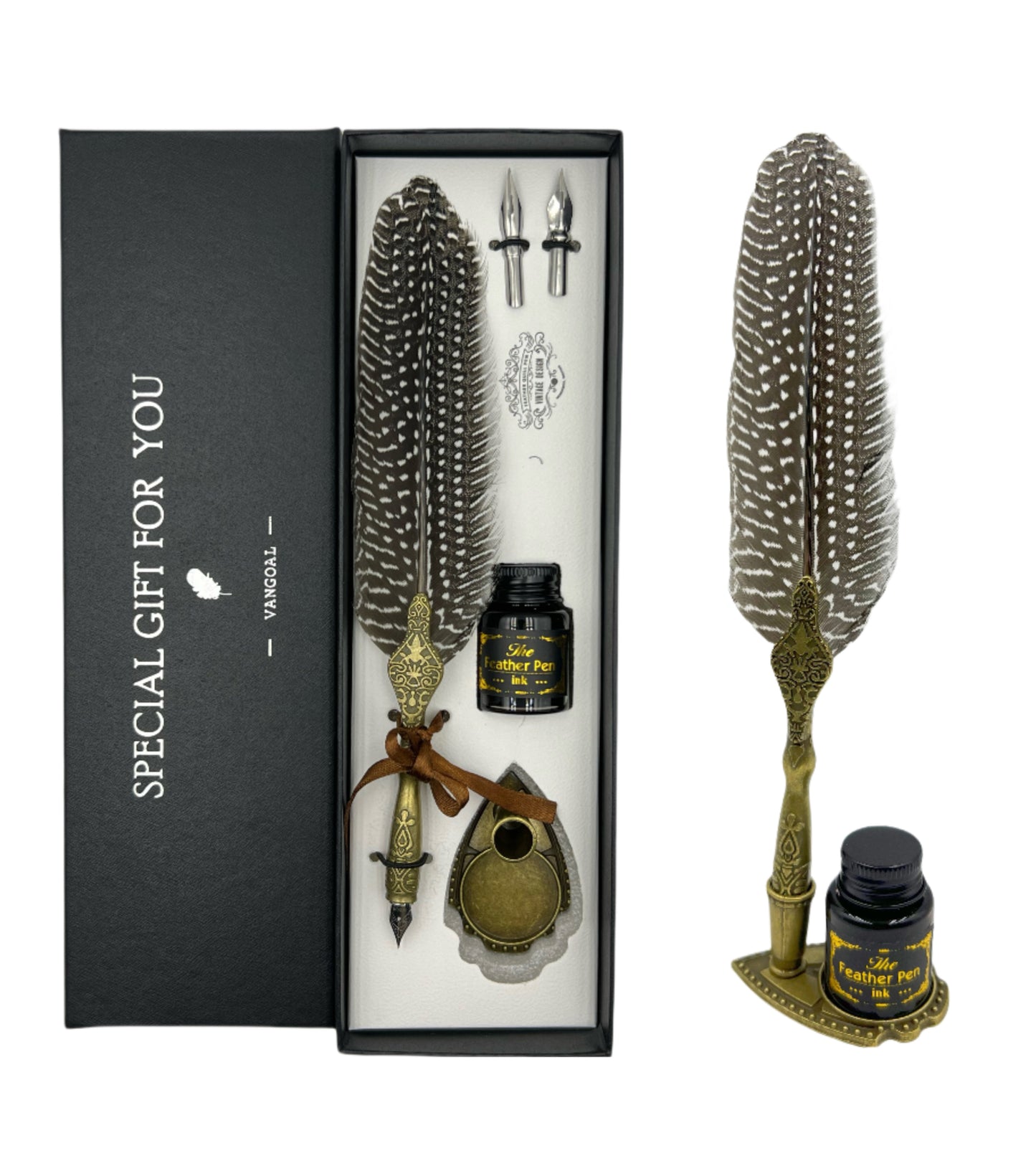 VANGOAL Classic Series Quill Pen and Ink Set - Vintage Style, Natural Feather, Dip Pen with 2 Replacement Nibs