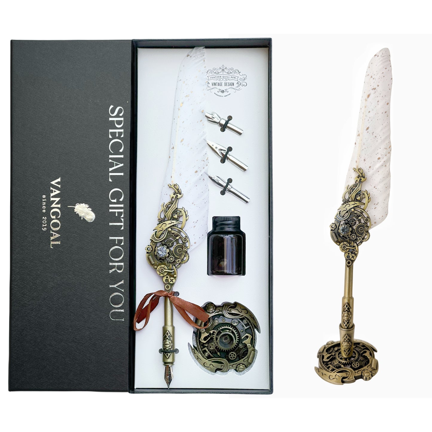 VANGOAL Steampunk Series Quill Pen and Ink Set - Peacock Feather Dip Pen with Display Stand, 2 Replacement Nibs, Black Ink and Blank Greeting Card