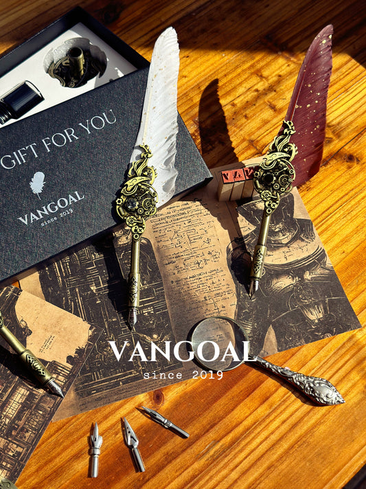 VANGOAL Set de Pluma y Tinta Steampunk Series - Pluma estilográfica con diseño de pluma de pavo real, soporte de exhibición, 2 plumillas de repuesto, tinta negra y tarjeta de felicitación en blanco