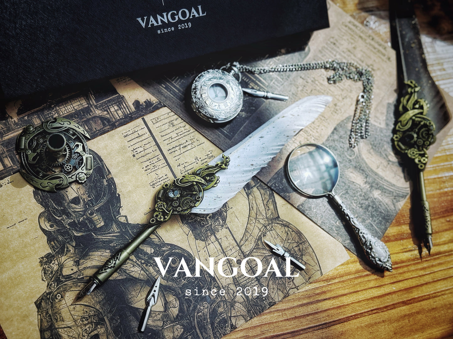 VANGOAL Steampunk Series Quill Pen and Ink Set - Peacock Feather Dip Pen with Display Stand, 2 Replacement Nibs, Black Ink and Blank Greeting Card