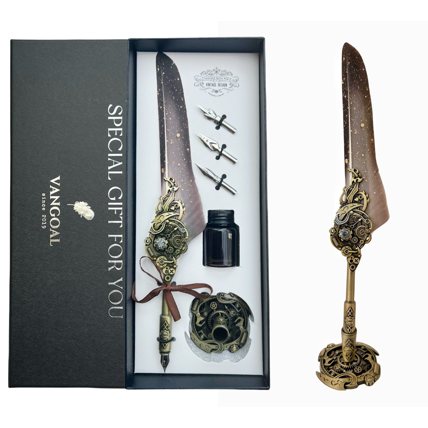 VANGOAL Steampunk Series Quill Pen and Ink Set - Peacock Feather Dip Pen with Display Stand, 2 Replacement Nibs, Black Ink and Blank Greeting Card