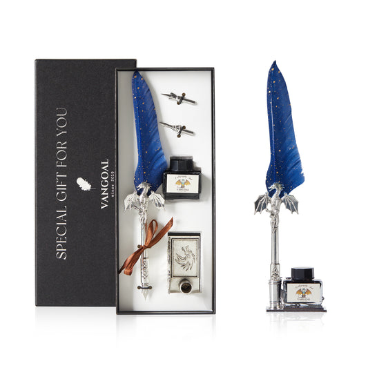 VANGOAL Set de Pluma y Tinta Serie Dragón - Preciosa pluma de pluma de dragón con soporte, 2 plumillas de repuesto, tinta negra y tarjeta de felicitación en blanco
