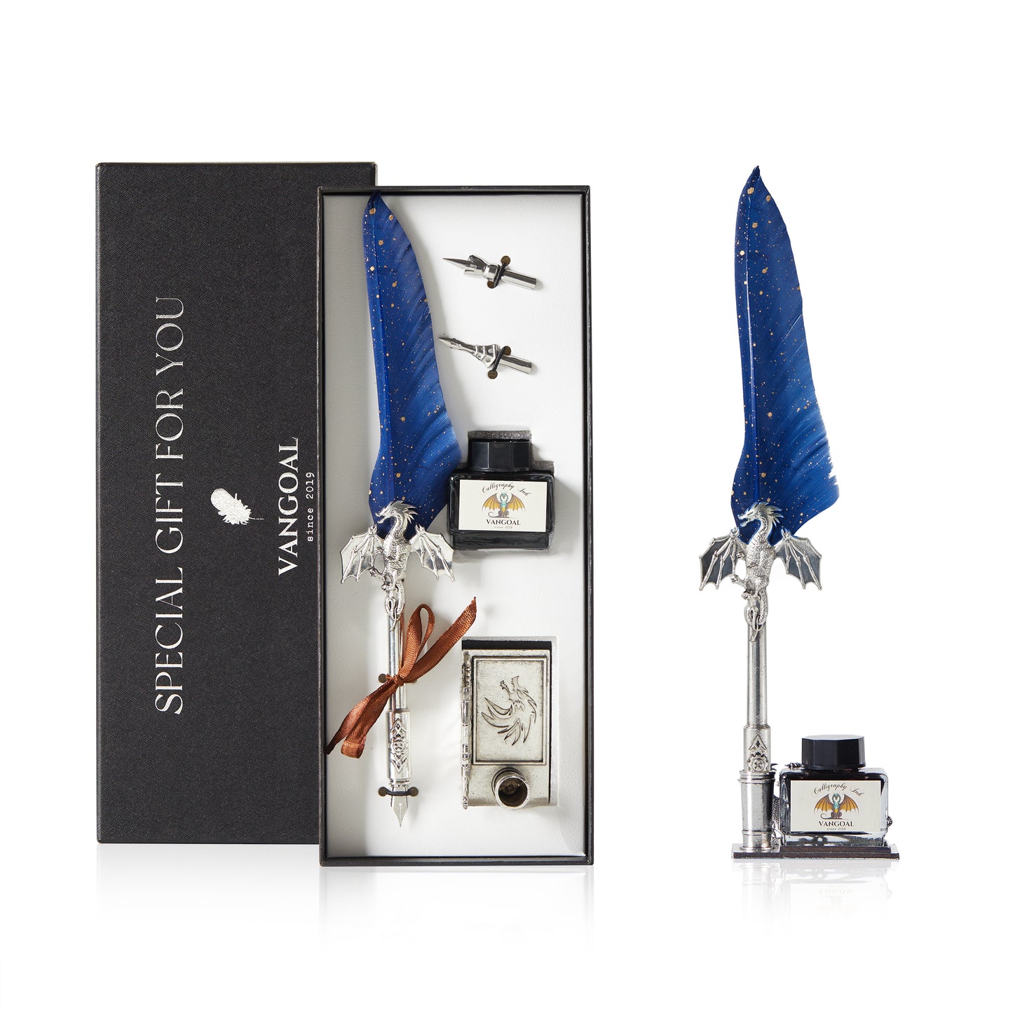 VANGOAL Dragon Series Quill Pen and Ink Set - Gorgeous Dragon Feather Pen with Display Stand, 2 Replacement Nibs, Black Ink and Blank Greeting Card