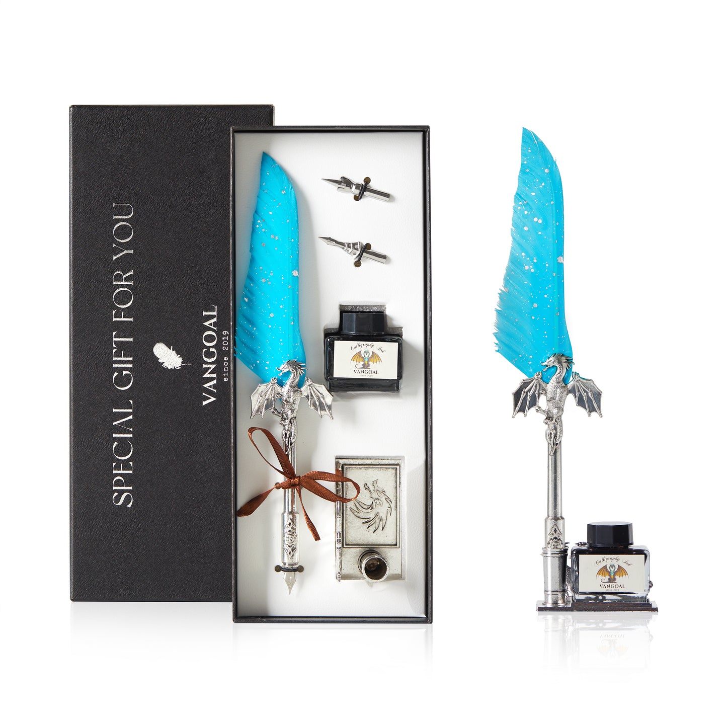 VANGOAL Dragon Series Quill Pen and Ink Set - Gorgeous Dragon Feather Pen with Display Stand, 2 Replacement Nibs, Black Ink and Blank Greeting Card