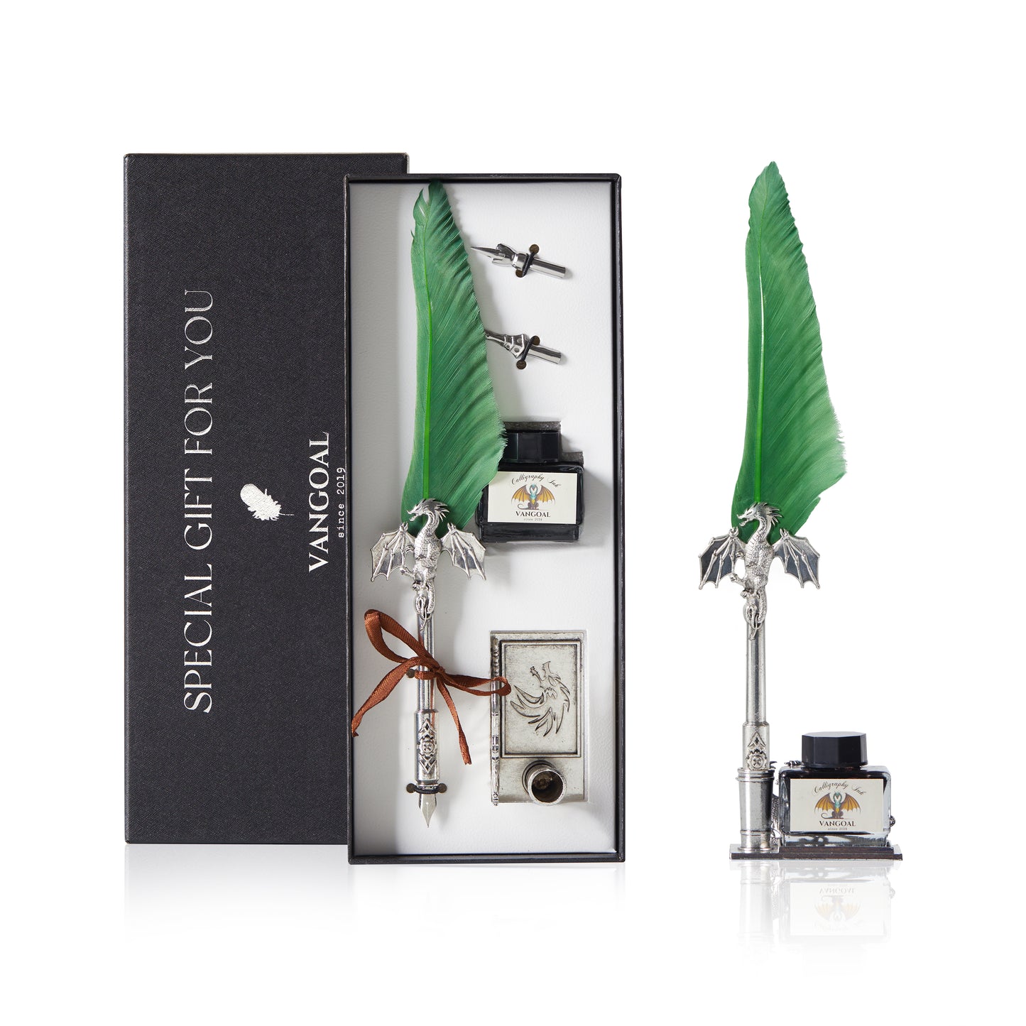 VANGOAL Dragon Series Quill Pen and Ink Set - Gorgeous Dragon Feather Pen with Display Stand, 2 Replacement Nibs, Black Ink and Blank Greeting Card