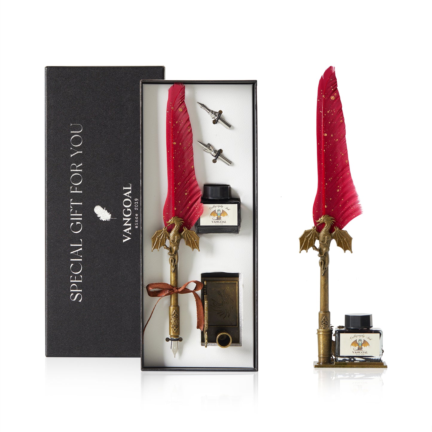 VANGOAL Dragon Series Quill Pen and Ink Set - Gorgeous Dragon Feather Pen with Display Stand, 2 Replacement Nibs, Black Ink and Blank Greeting Card