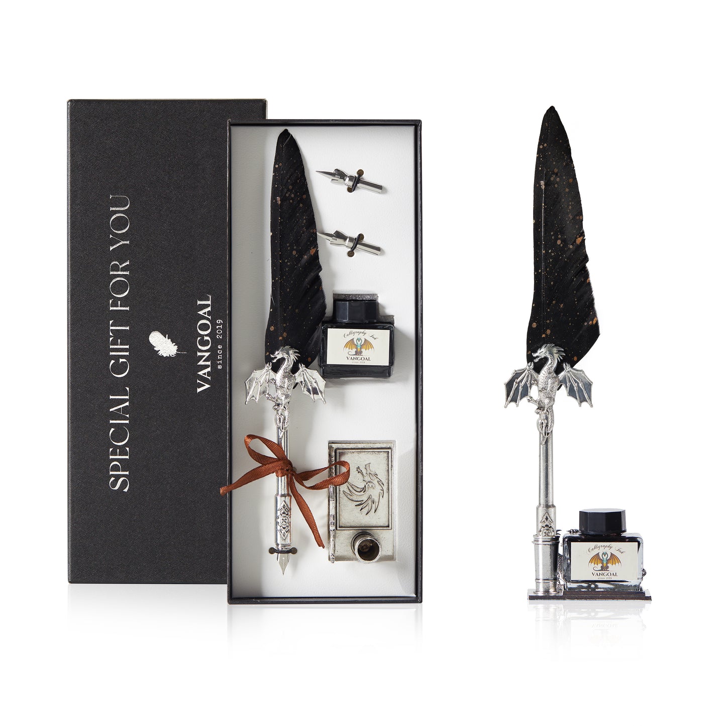 VANGOAL Dragon Series Quill Pen and Ink Set - Gorgeous Dragon Feather Pen with Display Stand, 2 Replacement Nibs, Black Ink and Blank Greeting Card