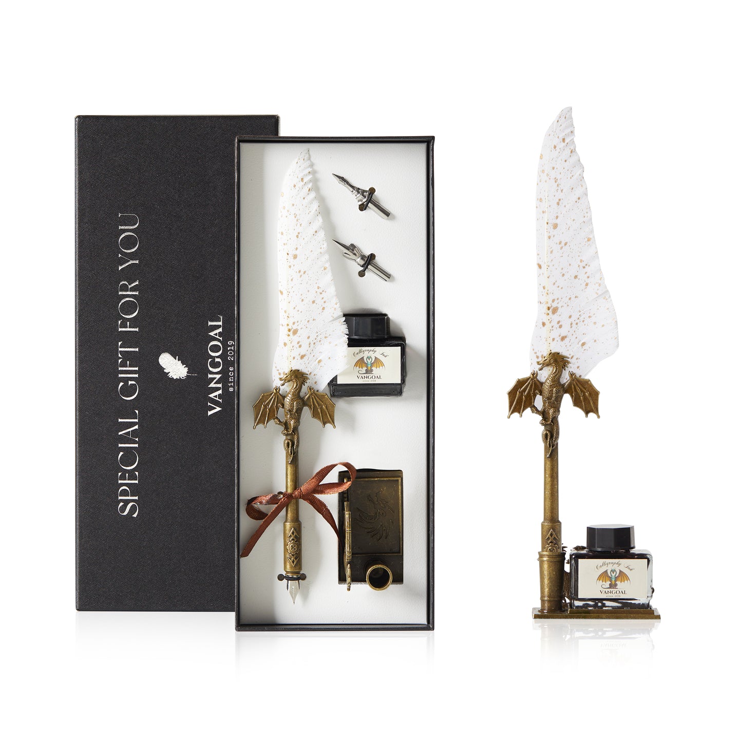 VANGOAL Dragon Series Quill Pen and Ink Set - Gorgeous Dragon Feather Pen with Display Stand, 2 Replacement Nibs, Black Ink and Blank Greeting Card