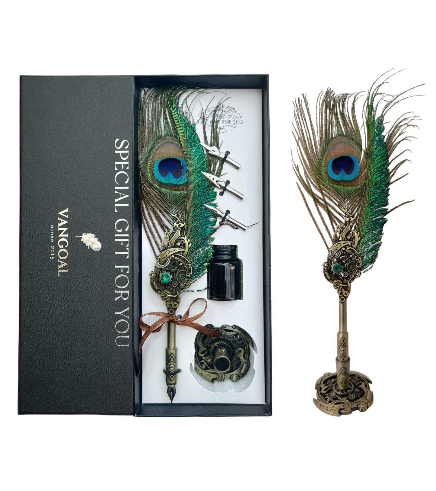 VANGOAL Steampunk Series Quill Pen and Ink Set - Peacock Feather Dip Pen with Display Stand, 2 Replacement Nibs, Black Ink and Blank Greeting Card
